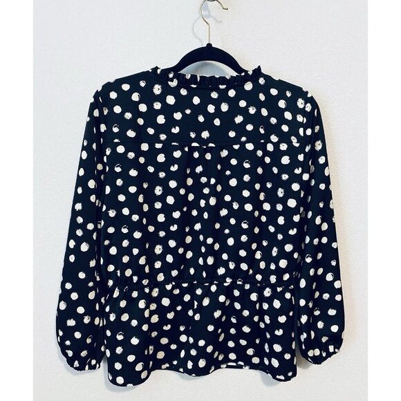 J Crew Top Womens 10 Black Painted Dot Peplum Satin Crepe 3/4 Sleeve Romantic - Picture 4 of 7